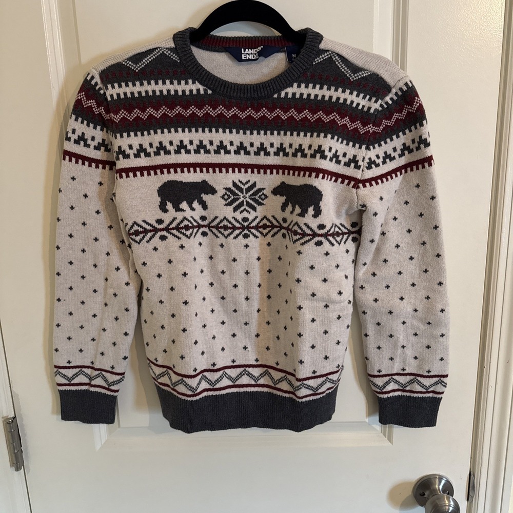 Lands End Child's Nordic Fair Isle Sweater With Bears Cream Gray Red Size M